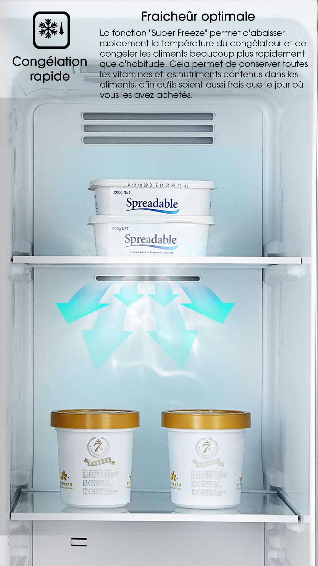 La fonction "Super Freeze" permet d'abaisser rapidement la température du congélateur et de congeler les aliments beaucoup plus rapidement que d'habitude. Cela permet de conserver toutes les vitamines et les nutriments contenus dans les aliments, afin qu'ils soient aussi frais que le jour où vous les avez achetés.