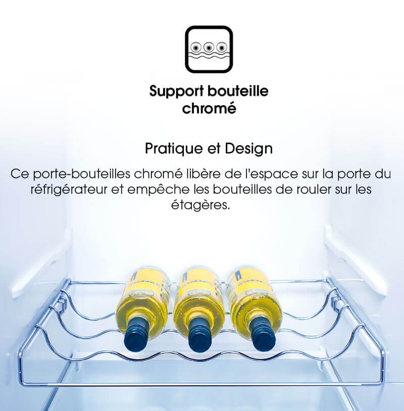 Pratique et design. Ce porte-bouteilles chromé libère de l'espace sur la porte du réfrigérateur et empêche les bouteilles de rouler sur les étagères.