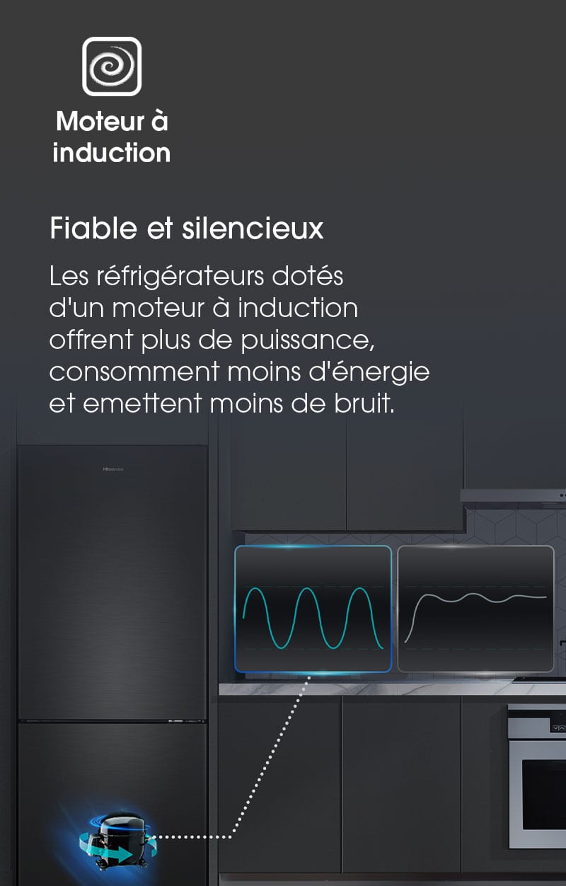 Fiable et silencieux ! Les réfrigérateurs dotés  d'un moteur à induction  offrent plus de puissance,  consomment moins d'énergie et emettent moins de bruit. 