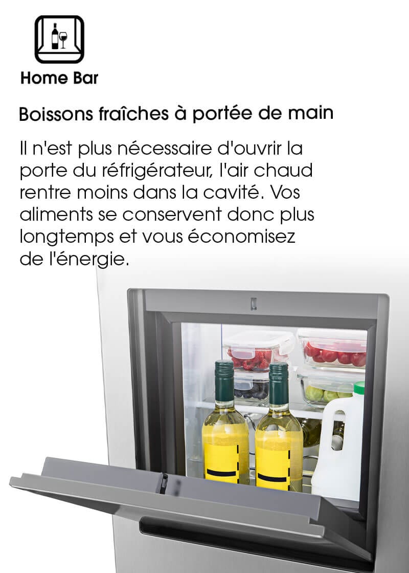 Boissons fraîches à portée de main. Il n'est plus nécessaire d'ouvrir la porte du réfrigérateur, l'air chaud rentre moins dans la cavité. Vos aliments se conservent donc plus longtemps et vous économisez  de l'énergie. 