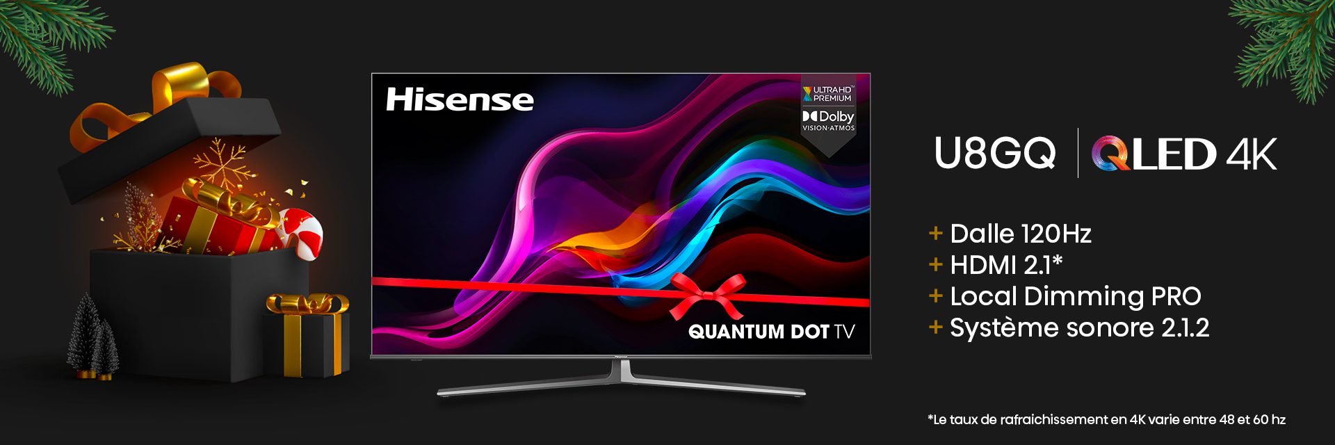 Téléviseur QLED U8GQ entouré d'un noeud rouge avec ses caractéristiques techniques et d'un cadeau de Noel